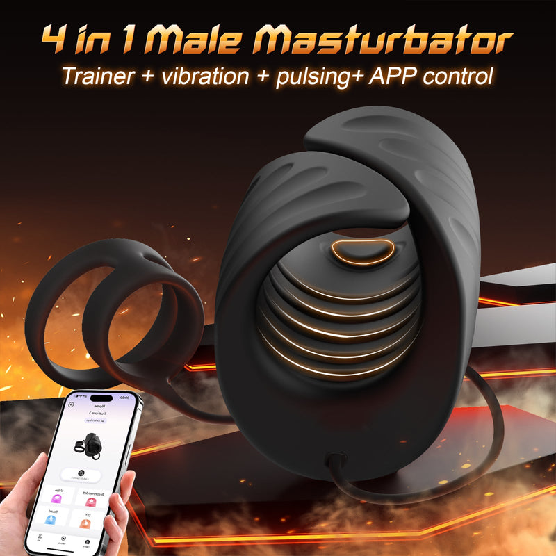 4-in-1 app control, vibration and pulsating penis trainer, male toy with cock ring