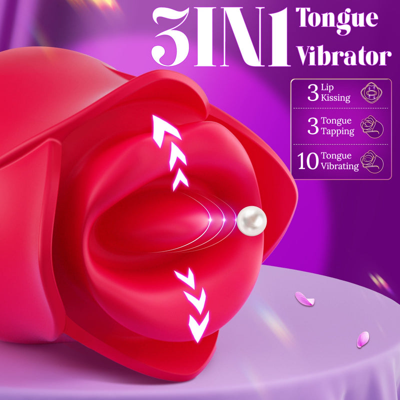 3-in-1 rose vibrator for lip kissing and tongue tapping for women