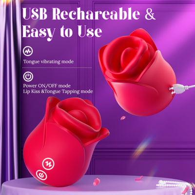 3-in-1 rose vibrator for lip kissing and tongue tapping for women