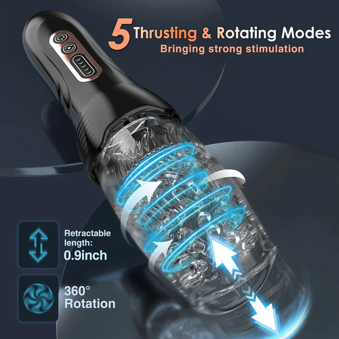 Thrusting and rotating male masturbator with 10 vibration modes