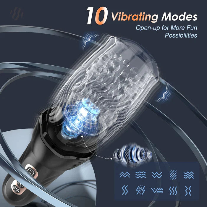 Thrusting and rotating male masturbator with 10 vibration modes