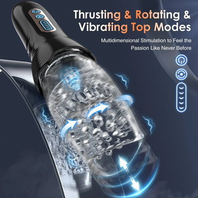 Thrusting and rotating male masturbator with 10 vibration modes